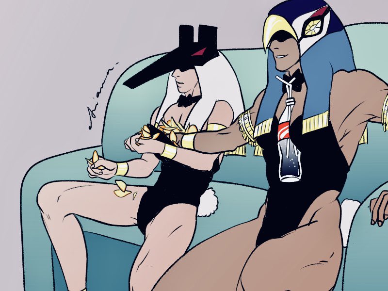 #Ennead #bunnyday get inspired by <a href="/ggh2021/">ギー</a> for this meme😂😂😂
Poor boobs Seth and big boobs Horus in bunny suits watching Olympics together!💙❤️