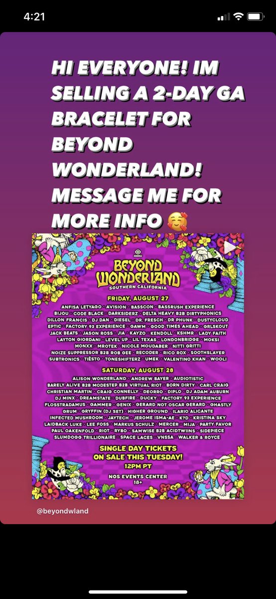 HI FRIENDS! IM SELLING A 2-DAY GA BRACELET FOR <a href="/BeyondWland/">Beyond Wonderland</a> MESSAGE ME FOR MORE INFORMATION 🥰 <a href="/AllTimeEDM/">AllTime EDM</a> <a href="/crucesravefam/">🎶 CRUCES RAVE FAM 🎶</a> <a href="/NEWMEXICOEDMFA1/">𝐍𝐌 𝐄𝐃𝐌 𝐅𝐀𝐌</a>