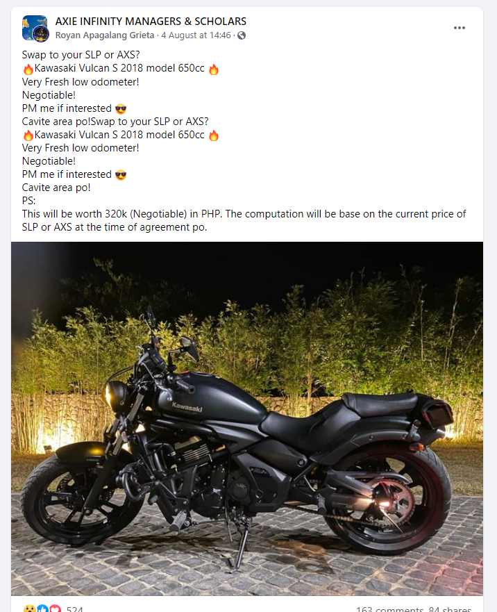 MOOGOESDAKAOOOO's tweet photo. sell bike sell car what's next? sell house to buy axies? 🤣 https://t.co/qdmnjIvmHd