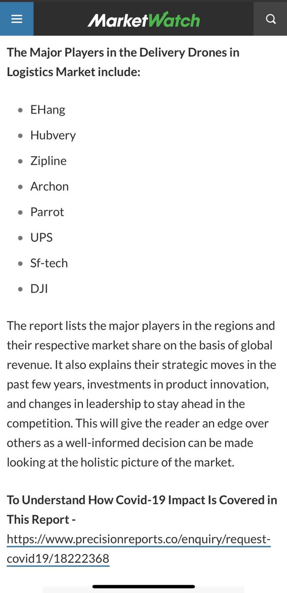 HUBVERY1's tweet photo. #Investors 👁 @MarketWatch #News- @HUBVERY made ‘The Major Players in the Delivery Drones in Logistics Market’ List (#PrecisionReport2021) DECIDE FOR NEW, BECAUSE IT’S FLYING - decide for #HUBVERY, contact us 👉🏽 request@hubvery.com https://t.co/0Jk2aG1Ta9 https://t.co/2XqEHVihcm