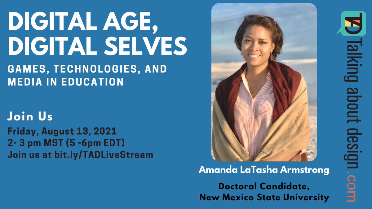 TalkingAboutDe2's tweet photo. Join us in #talkingaboutdesign with @amandalatasha about the role that Making, games, and other media might play in creating more equitable educational opportunities. 

Catch the live stream at https://t.co/aiMJDVgCYp on August 13 at 2:00 pm MST (5:00 pm EDT). https://t.co/CT3DNZ6IG9
