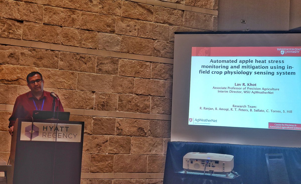 Dr. Lav Khot @KhotLav presenting the findings on IoT based heat stress management in Apple Ocrhards at #ASHS2021 Conference here in Denver. <a href="/WazzuCpaas/">WSU CPAAS</a>