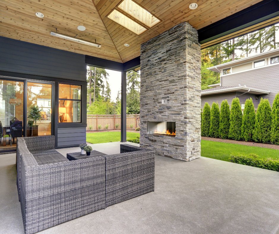 A concrete patio is the perfect spot to enjoy the comforts of the indoors in an outdoor setting. Want more than just a grey patio? Check out your options at bit.ly/3xOQoxo! #concrete #patio #homebudget #homedesign #landscape