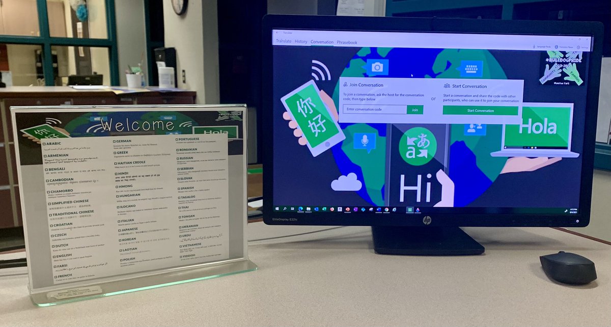 LTaylorEDU's tweet photo. Bulldog #microsofttranslate family communication station in the main office. All families deserve to feel welcome in their school 💚 @mstranslator #edtech #MicrosoftEDU https://t.co/bnp4CgP74F