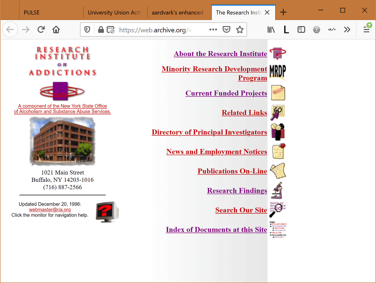 Research Institute on Addictions home page with links to all the main sections of the site, offered as both plain text and childish icons.