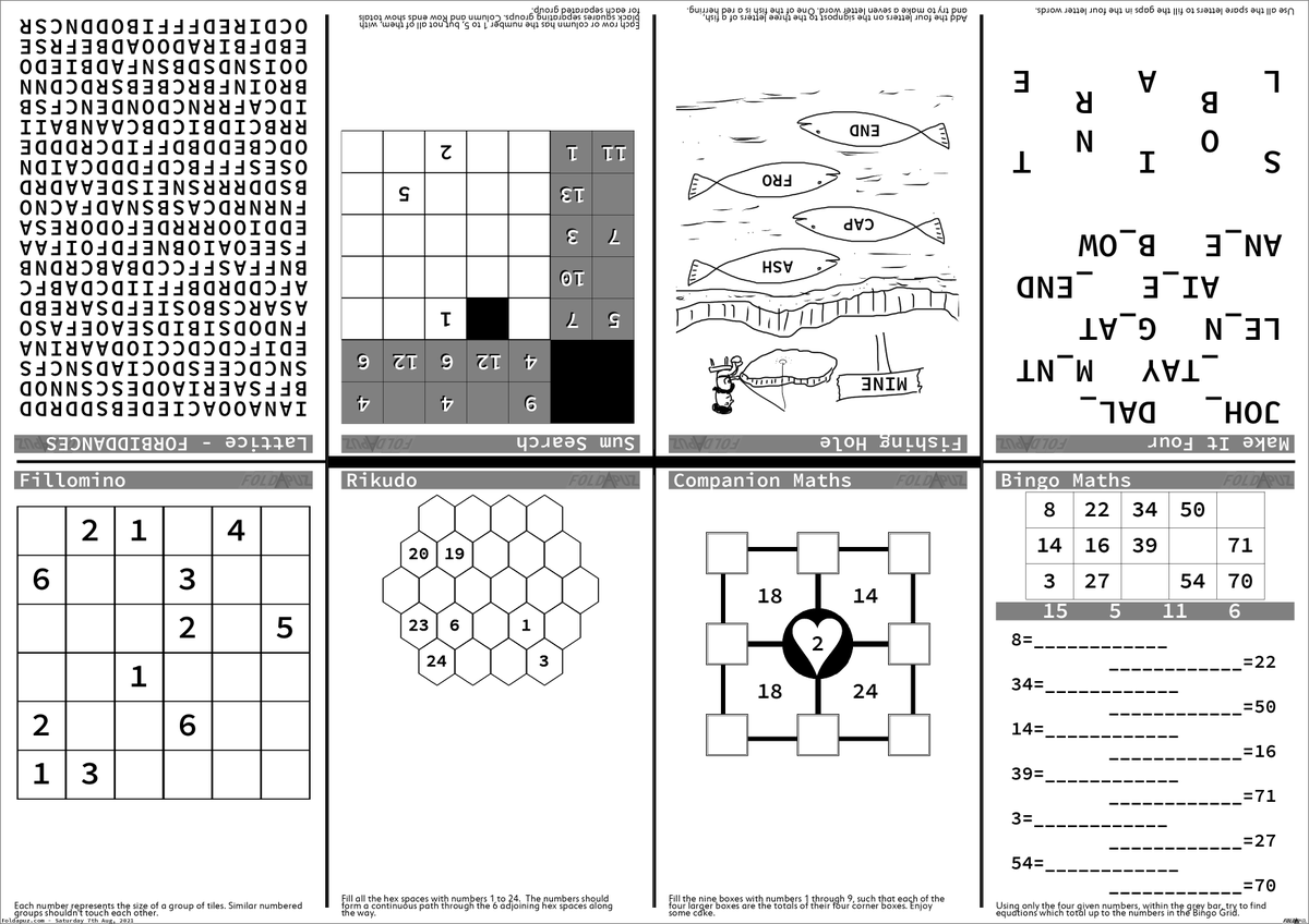 foldapuz's tweet photo. At https://t.co/nawi7PSiau, over a hundred puzzles are generated, fresh, each and every morning.

Heres today's default foldable sheet full of #Printable #Puzzles, ready to be tackled with a pen or a pencil, a nice warm brew, and a slice of cake. https://t.co/lRovGdH0d7