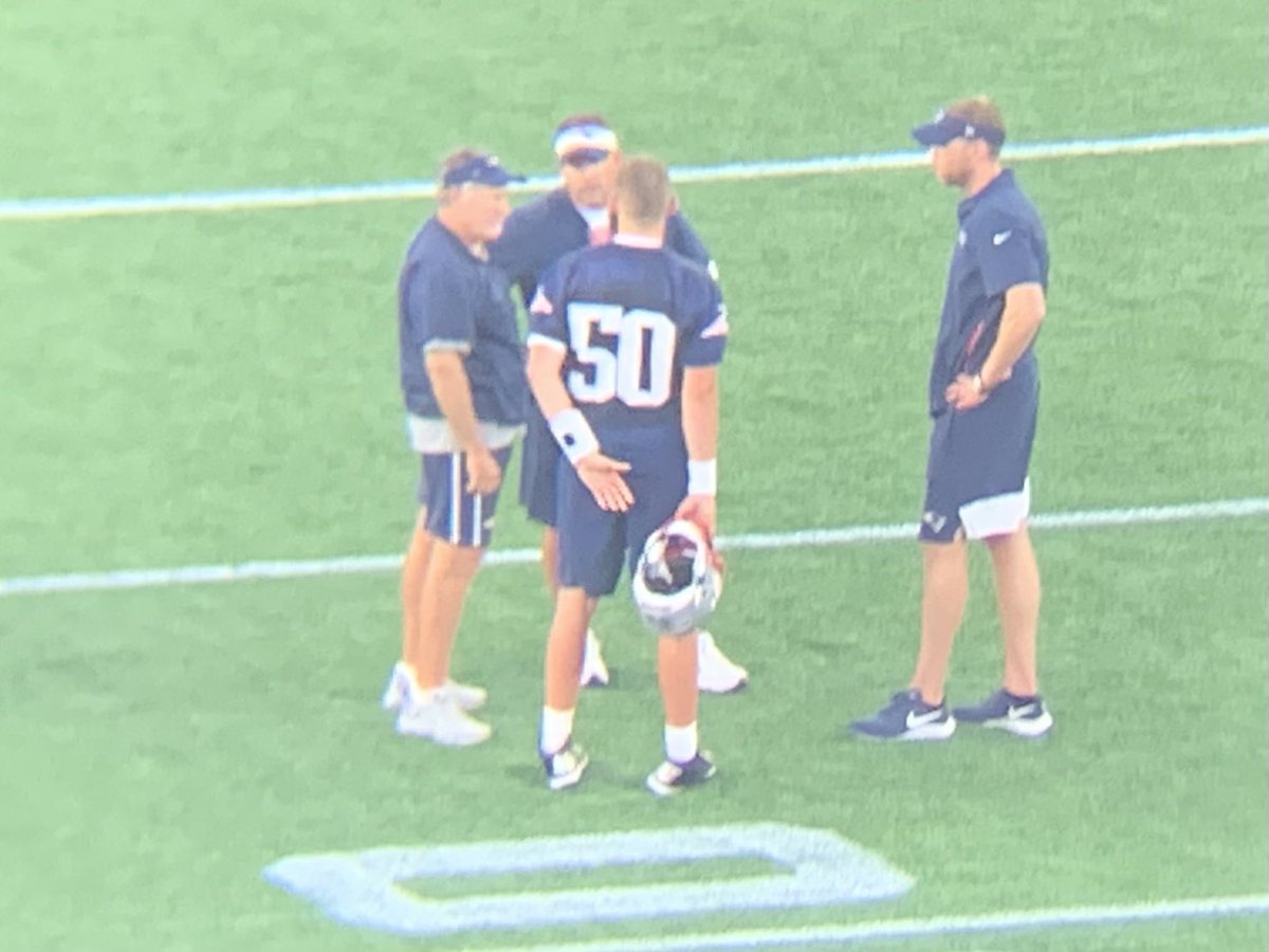 zm_cox's tweet photo. Mac Jones was the last player off the field. Spent extra time talking with Bill Belichick and Josh McDaniels. https://t.co/YFRLr4rL3F