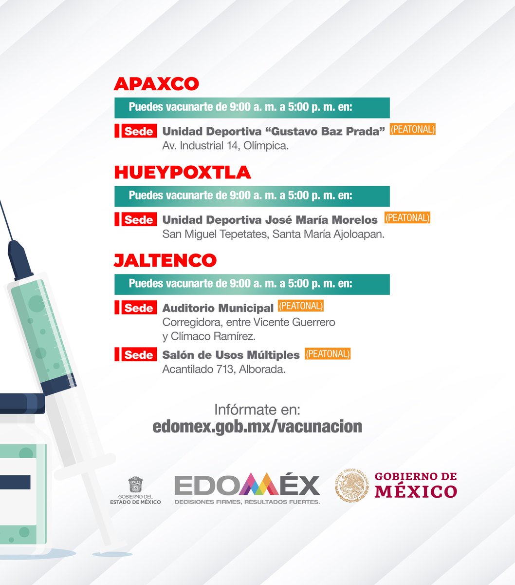 alfredodelmazo's tweet photo. El 7 de agosto estaremos vacunando a mujeres embarazadas y aplicando la segunda dosis a los adultos de 50 a 59 años en #Apaxco, #Hueypoxtla y #Jaltenco. #EstrategiaDeVacunación https://t.co/wD4Yv0nDvp