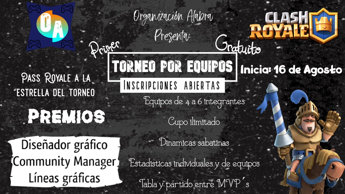 Alabra Org (@alabra_org) on Twitter photo Torneo por equipos de #ClashRoyale
Inscripciones abiertas!
Prizepool:
6 USD al mejor jugador del torneo
Servicios de diseñador y community manager
Requisitos:
Seguir a <a href="/PIIB_cochinita/">Piib Cochinita, chilaquiles y tortas</a>
Seguirnos
Dar ❤️y🔃
Mandar evidencia vía MD
Manejado por Servidor de Discord Torneo por equipos de #ClashRoyale
Inscripciones abiertas!
Prizepool:
6 USD al mejor jugador del torneo
Servicios de diseñador y community manager
Requisitos:
Seguir a <a href="/PIIB_cochinita/">Piib Cochinita, chilaquiles y tortas</a>
Seguirnos
Dar ❤️y🔃
Mandar evidencia vía MD
Manejado por Servidor de Discord