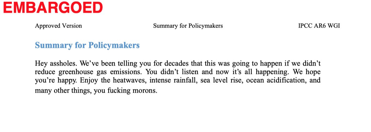 I just got a copy of the embargoed IPCC Summary for Policymakers.  I hate to break the embargo, but this is too important to wait.  Here it is, the entire SPM.  Surprisingly, it's just one paragraph long.