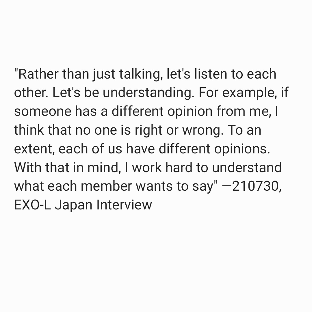 thisisjunmyeon's tweet photo. "Rather than just talking, let's listen to each other. Let's be understanding. For example, if someone has a different opinion from me, I think that no one is right or wrong. To an extent, each of us have different opinions" —210730

#수호 #SUHO #준면 #金俊勉 https://t.co/7xJoJONFZu