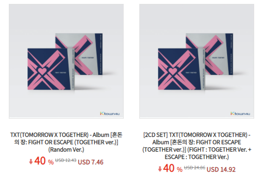 💘Collaboration X <a href="/TXTwithMOAs/">TXT with MOAs ∞</a> 💘

TXT(TOMORROW X TOGETHER) - Album 
[혼돈의 장: FIGHT OR ESCAPE (TOGETHER ver.)] 
(FIGHT : TOGETHER Ver. + ESCAPE : TOGETHER Ver.)
✔️SET ver
✔️Random ver 

ktown4u.com/eventsub?eve_n…