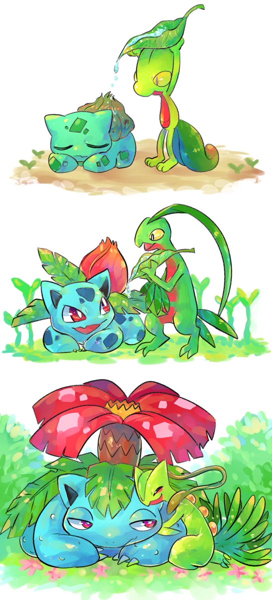 pokemon (creature) no humans comic closed eyes plant on stomach open mouth  illustration images