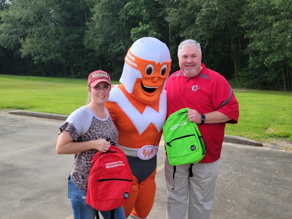 A big THANKS to CISD Board Secretary Amanda Brooks for being a volunteer at the City of Cleveland  Back to School Backpack give away. …. and to Whataburger as well.  😜