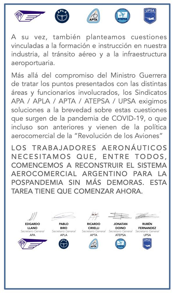 Los #SindicatosAeronauticosUnidos continuaremos exigiendo ante quien corresponda y siendo parte activa de la reconstrucción de nuestro sistema aeronáutico 💪🏻 <a href="/APAERONAUTICOS/">APA</a> <a href="/UPSA_Oficial/">UPSA</a> <a href="/aplapilotos/">APLA</a> <a href="/AptaOficial/">APTA oficial</a>
