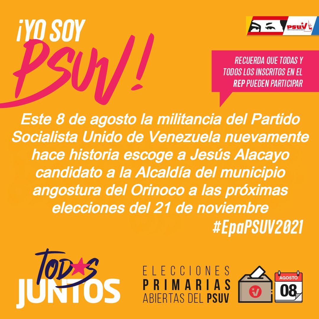 mocevedobolivar's tweet photo. No te equivoques el 8 de Agosto Ciudad Bolivar, vota por Jesus Alacayo. 
@dcabellor @NicolasMaduro @PartidoPSUV #ciudadbolivarproductiva @taniapsuv @DeVueltaChavez https://t.co/oBiIc8qhSs