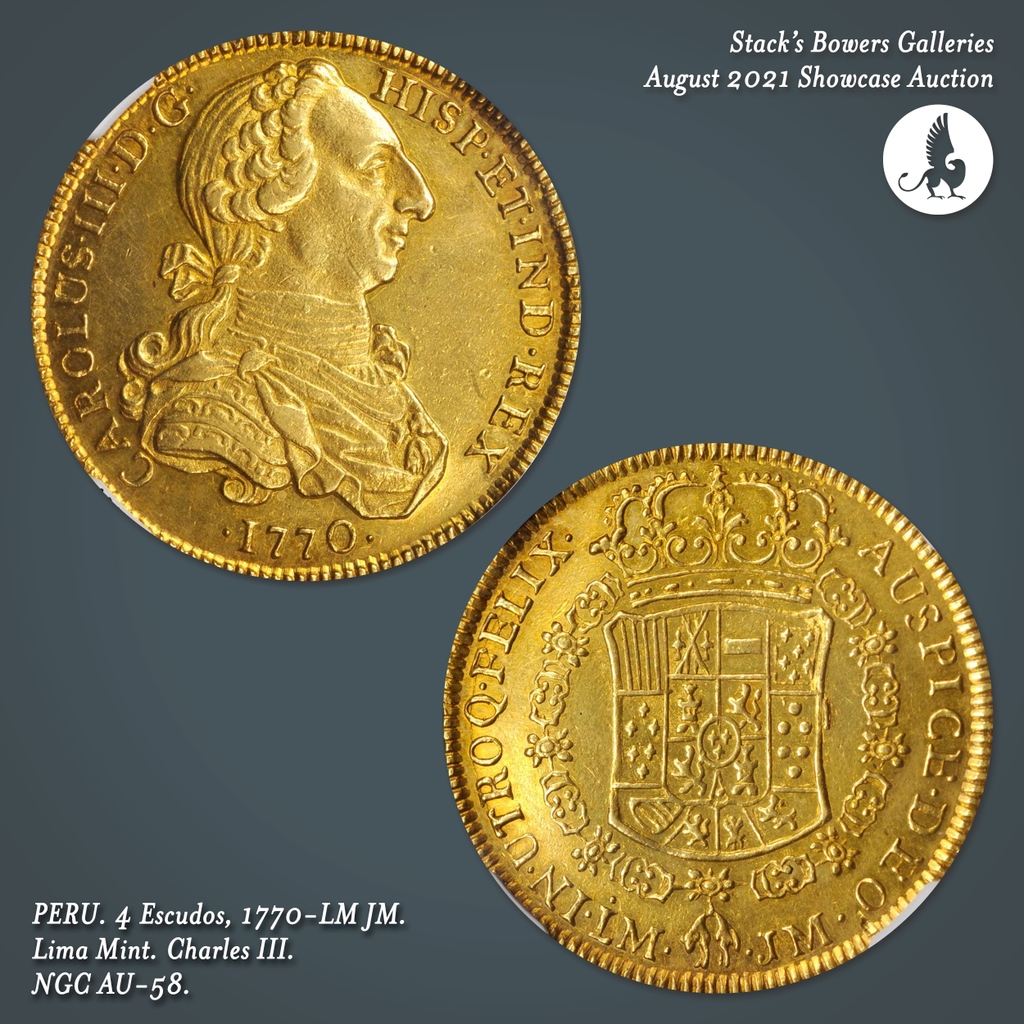 Lot 41255 @stacksbowers August World Coin Showcase Auction:

PERU. 4 Escudos, 1770-LM JM. Lima Mint. Charles III. NGC AU-58.

Estimate: $12,000 - $16,000.

Bid here: https://t.co/ozkp2DQF8S https://t.co/gzfSj0yeJb