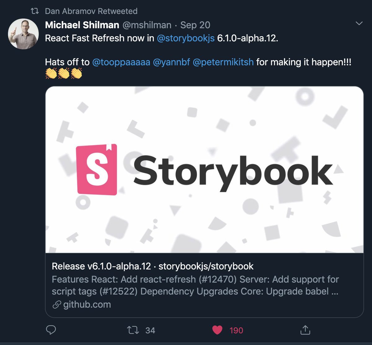 petermikitsh's tweet photo. That time I got mentioned Dan Abramov's retweets. I should print this tweet. https://t.co/aPTBLad35o