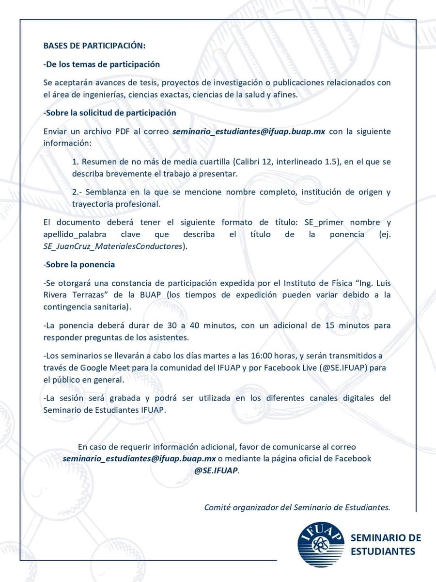 RevistaConCien1's tweet photo. ¡¡Se inicia el ciclo Otoño!!
Te invitamos a participar en el Seminario de Estudiantes IFUAP 2021
¡¡Escríbenos!!
#SeminarioEstudiantes #IFUAP #BUAP https://t.co/zoXpsZuKL9