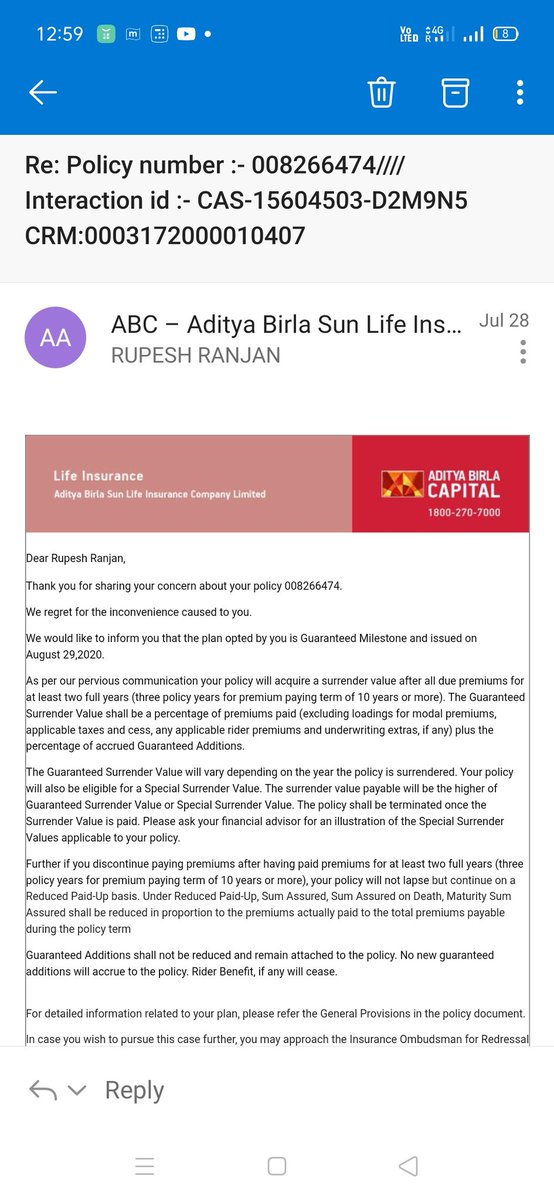 RupeshRanj_an's tweet image. Please stop buying policies from Aditya Birla group because they will make you feel that you are dumb because you choose Aditya Birla.
Please look at some screenshots in which they didn&apos;t clear me how much amount will I get after paying 2 years premium.
@AdityaBirlaGrp @abccare