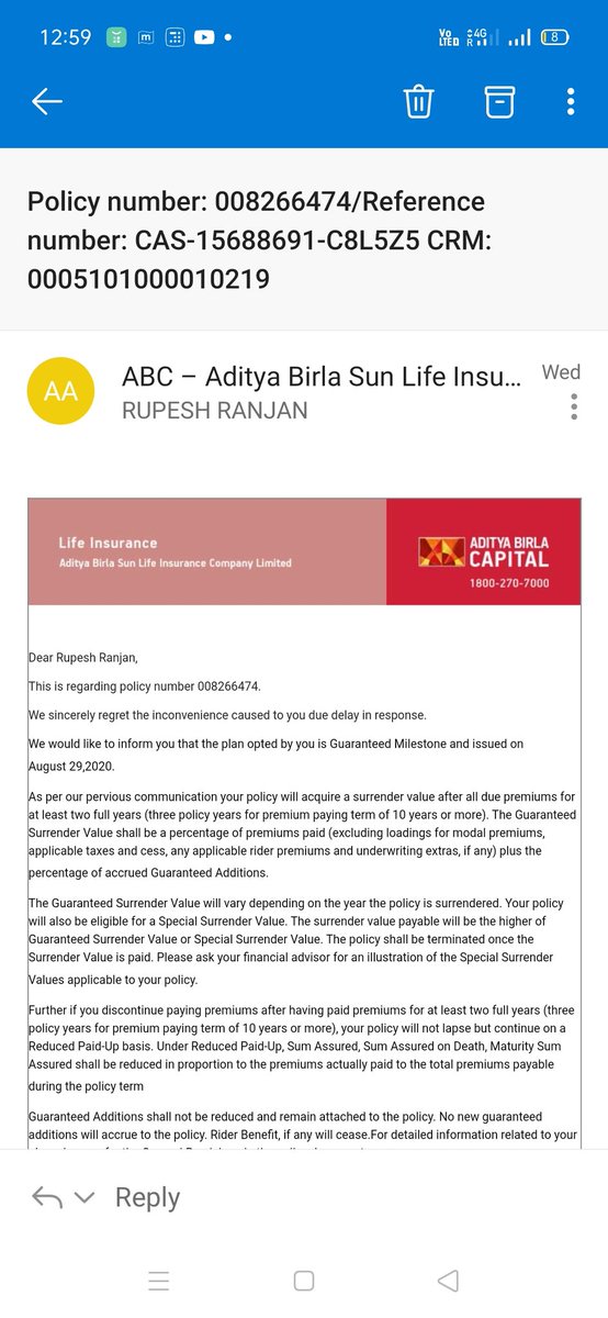 RupeshRanj_an's tweet image. Please stop buying policies from Aditya Birla group because they will make you feel that you are dumb because you choose Aditya Birla.
Please look at some screenshots in which they didn&apos;t clear me how much amount will I get after paying 2 years premium.
@AdityaBirlaGrp @abccare