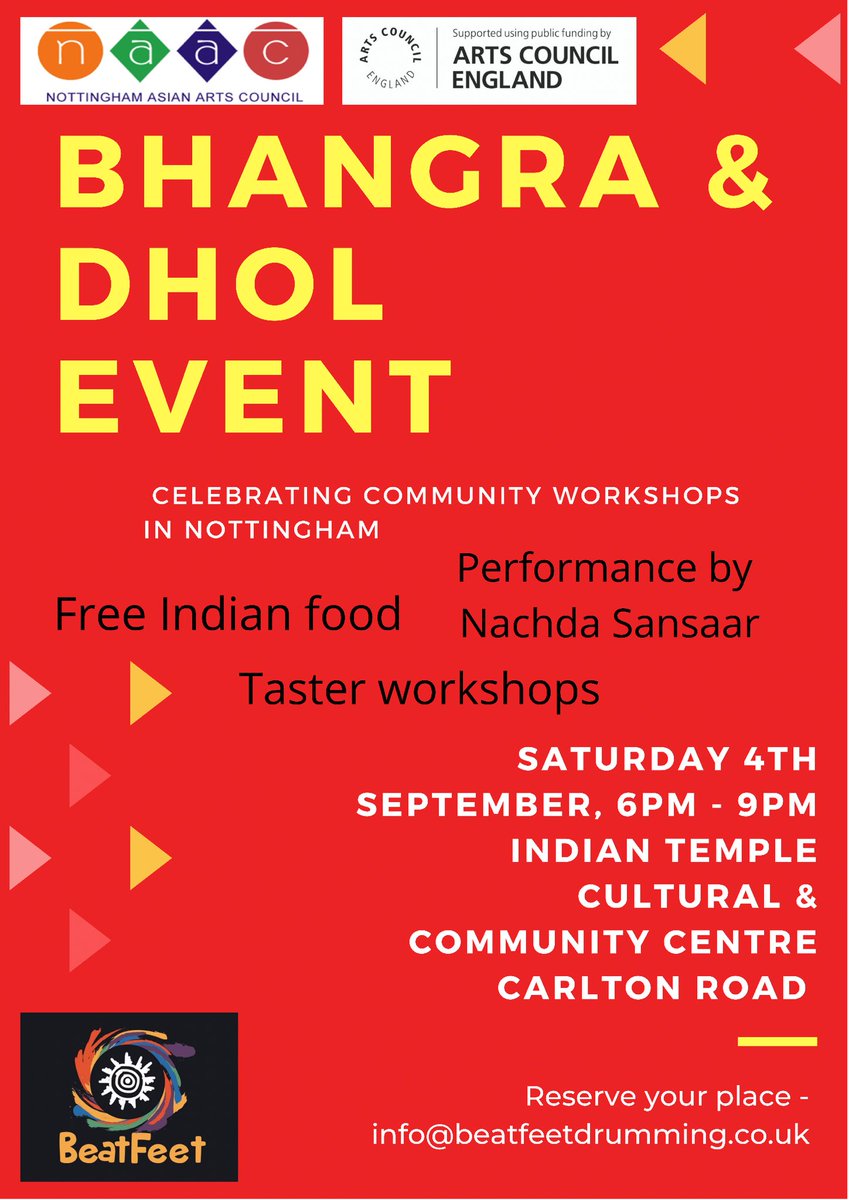 ⭐️ Celebration!🌟 Join us at Nottingham Indian Temple Cultural &amp; Community Centre for our #dhol and #bhangra celebration event 🎵 Free to attend, delicious food available &amp; <a href="/NachdaSansaar/">Nachda Sansaar</a> performing for us! What a treat! #nottingham <a href="/bhaveshjani777/">bhavesh.jani@hotmail.co.uk</a> <a href="/AngelaKandola/">Angela Kandola BEM</a> <a href="/ace_national/">Arts Council England</a>