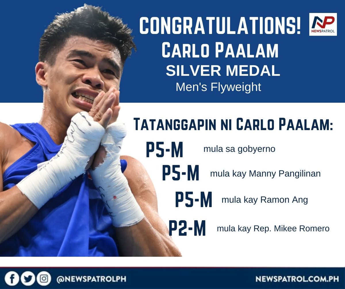 newspatrol_ph's tweet image. TOKYO 2020: Aabot sa P17-M ang matatanggap na reward ni Carlo Paalam sa pag-uuwi niya ng silver medal mula sa Tokyo Olympics para sa men's flyweight division.