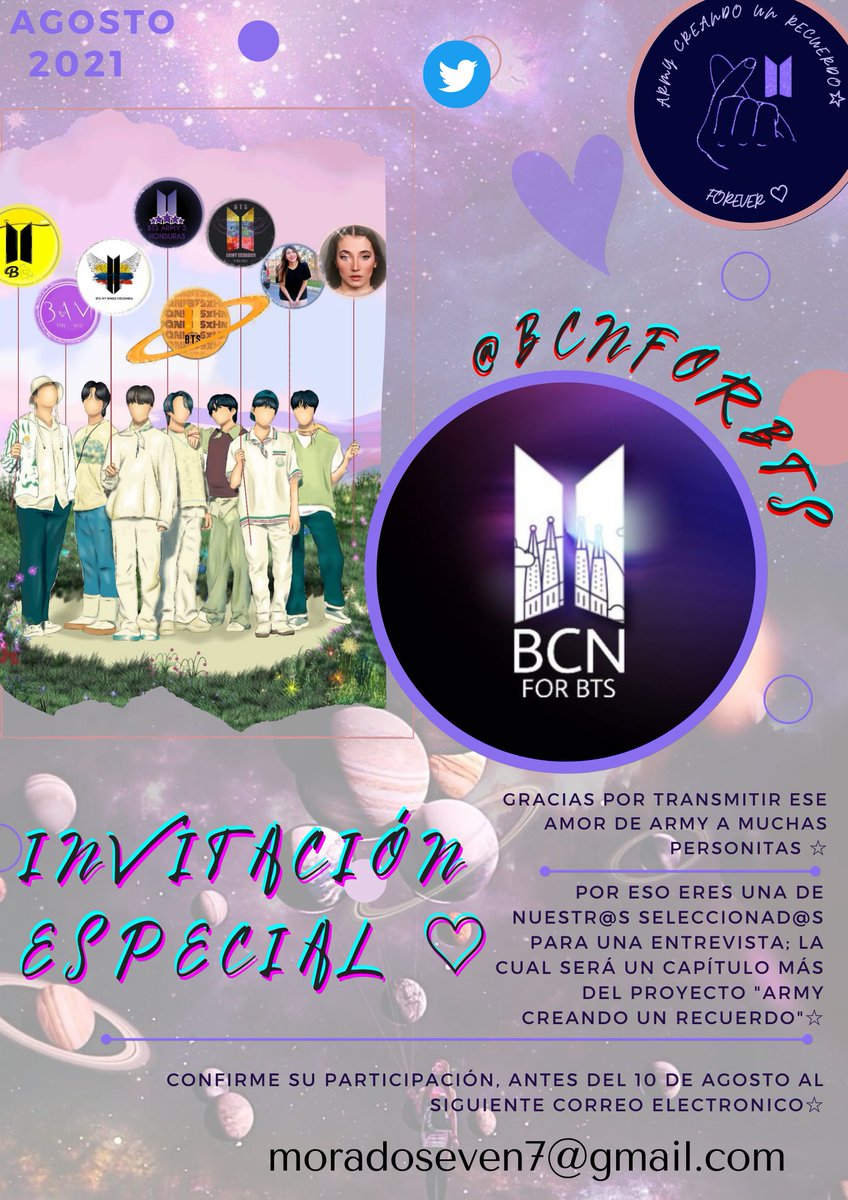 Esperamos que nos puedas acompañar y compartir un poco tus conocimientos y experiencia como army 💜
Seria un placer que nos acompañara en la cámara de "Army creando un recuerdo" 
te esperamos💜
<a href="/BcnForBTS/">FAN✨Barcelona For BTS 💜 ⊙⊝⊜ ARIRANG TOP TO BOTTOM</a> 🇪🇸
*Recuerda confirmar  al correo moradoseven7@gmail.com*