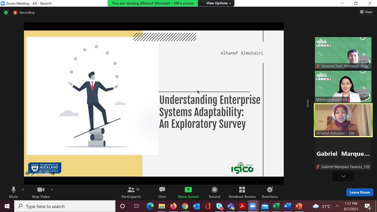 MahendrawathiER's tweet photo. Alhanof Almutairi presented her paper with M. Asif Naeem, Gerald Weber 

Understanding Enterprise Systems Adaptability: An Exploratory Survey

#ISICO2021 #ProDTix #EnterpriseSystems #adaptability

Might be of interest to you @NL_CJ https://t.co/9ZtEoq9n1o