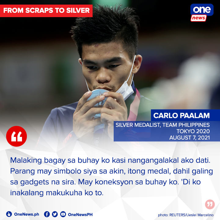 onenewsph's tweet photo. Why was Carlo Paalam staring so much at his silver medal while at the podium? The 23-year-old boxer shared that it was a special connection. It was a symbol from his humble beginnings as a scrap metal scavenger to winning an Olympic silver medal, made out of electronic scraps. https://t.co/PHyM9MYG7S