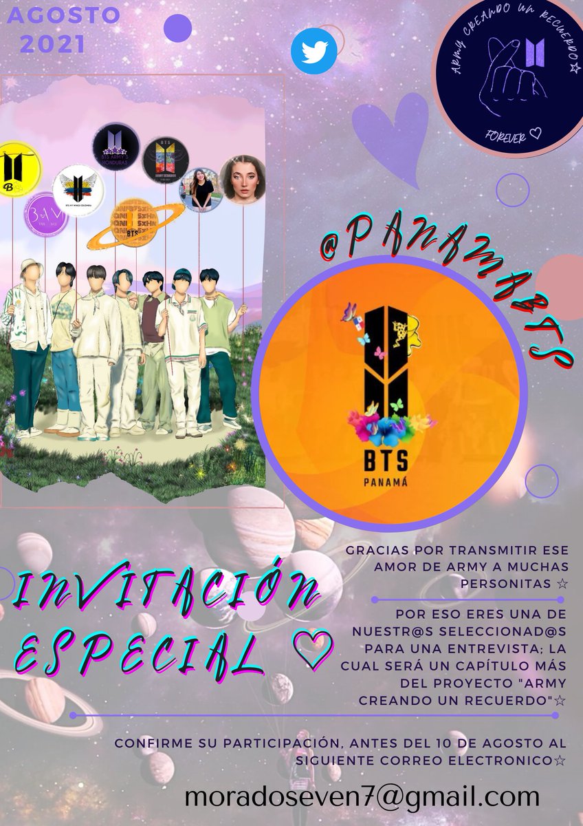 Esperamos que nos puedas acompañar y compartir un poco tus conocimientos y experiencia como army 💜
Seria un placer que nos acompañara en la cámara de "Army creando un recuerdo" 
te esperamos💜
<a href="/PanamaBts/">BTS Panamá 🇵🇦</a> 🇵🇦
*Recuerda confirmar  al correo moradoseven7@gmail.com*