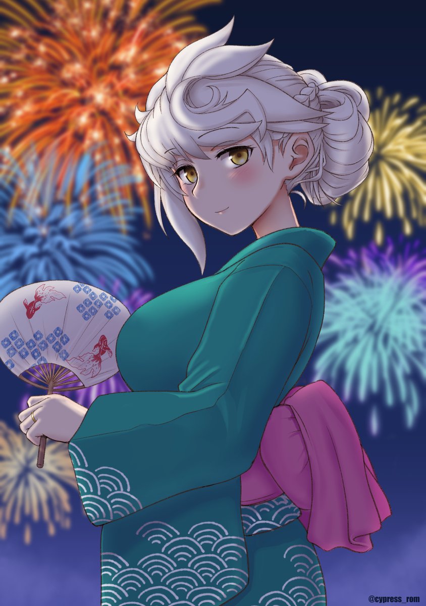 unryuu (kancolle) 1girl japanese clothes solo kimono fireworks asymmetrical hair white hair  illustration images