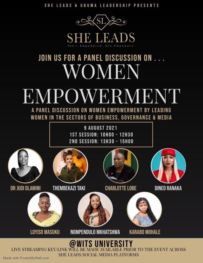 Monday, I will be part of the <a href="/_SheLeads_/">She Leads 👑</a> panel discussion on WOMEN EMPOWERMENT by leading women in the sectors of business, governance and media at <a href="/WitsUniversity/">Wits University</a>. I look forward to the engagements. 

The program will be live streamed on all #SheLeads social media platforms.