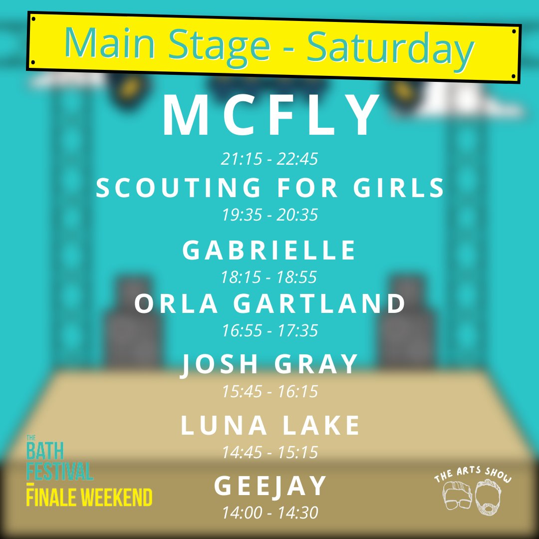 ArtsShowTweets's tweet photo. Saturday line-up for @TBFFinale! Stay tuned for interviews with @geejaymusic and @splitthedealer; come find us if you’d like to #FindYourFace and have a great day! #TBFFinale #Festival #SummerHoliday https://t.co/pIi6FZT2B2