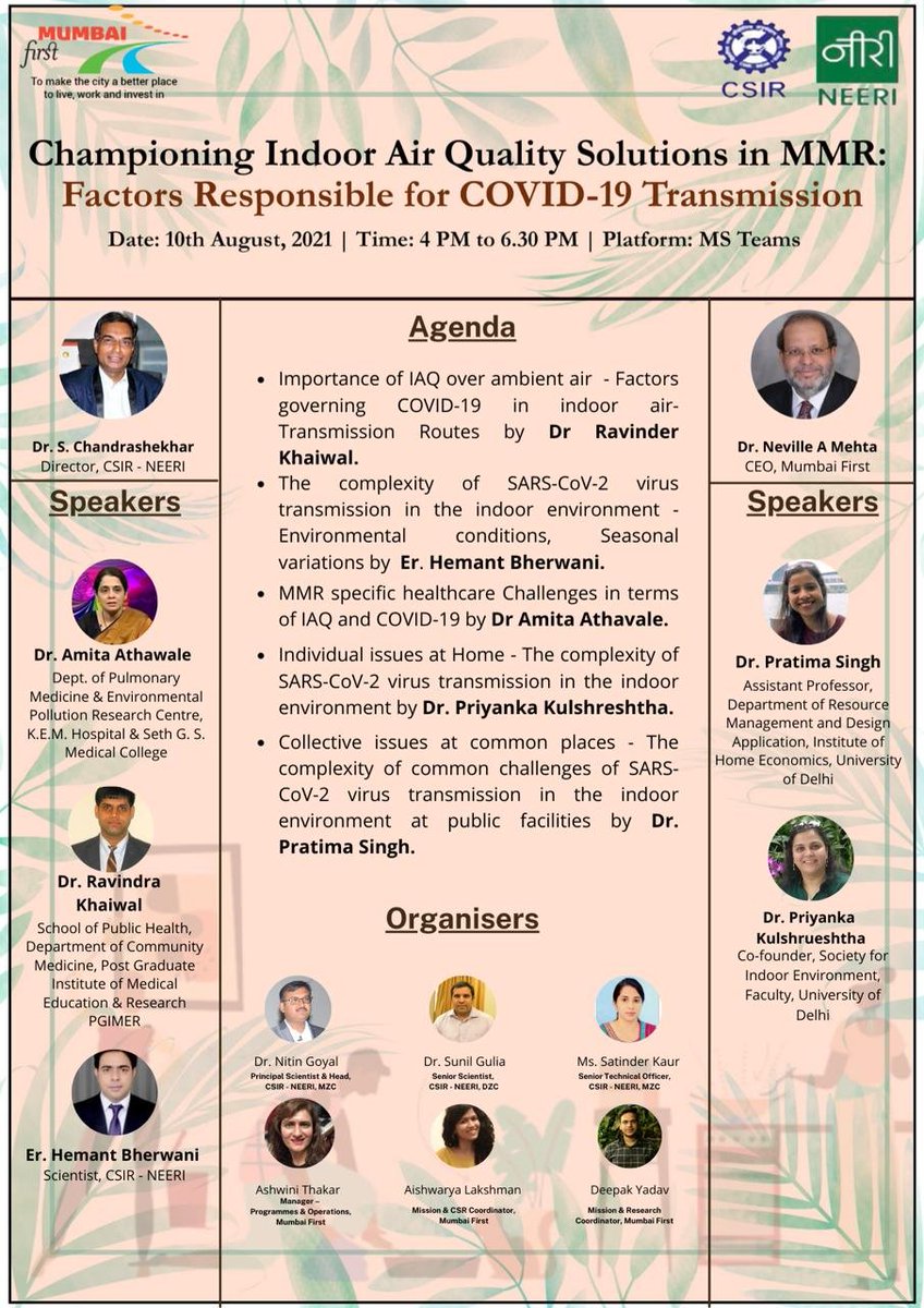 We cordially invite you to join this enriching discussion and be Indoor Air Quality Champions.
Virtual Discussion Scheduled: Tuesday, 10th August 2021 from 4:00PM to 6:30PM
   
Facebook Live link: facebook.com/dir.neeri 

YouTube Live link:  youtube.com/watch?v=XmqCrq…