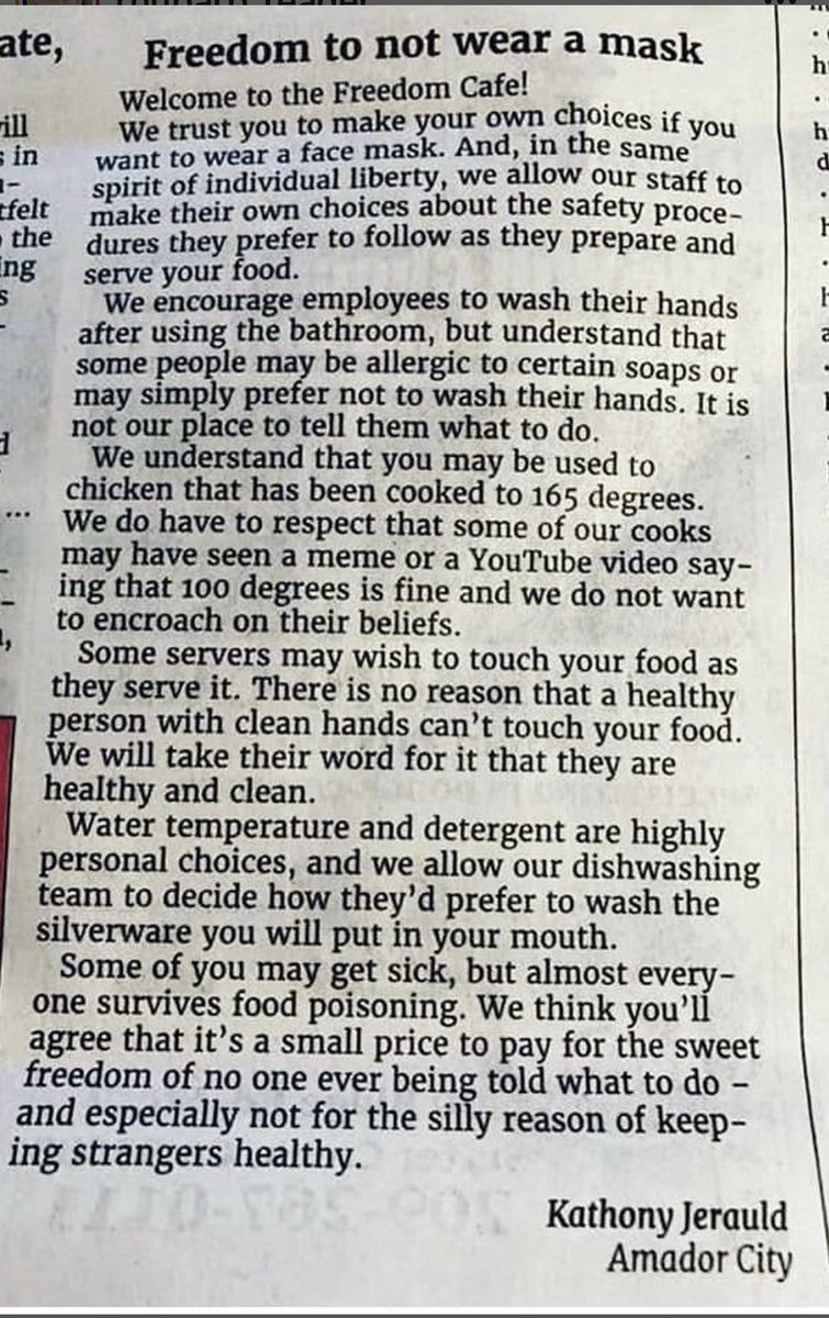 srrezaie's tweet photo. This might be one of the funniest things I have read in a minute.  I needed this today...so many truths...Freedom to not wear a mask at the Freedom Cafe!!!
#wearyourmask #GetVaccinated https://t.co/MQ1jcgU9td