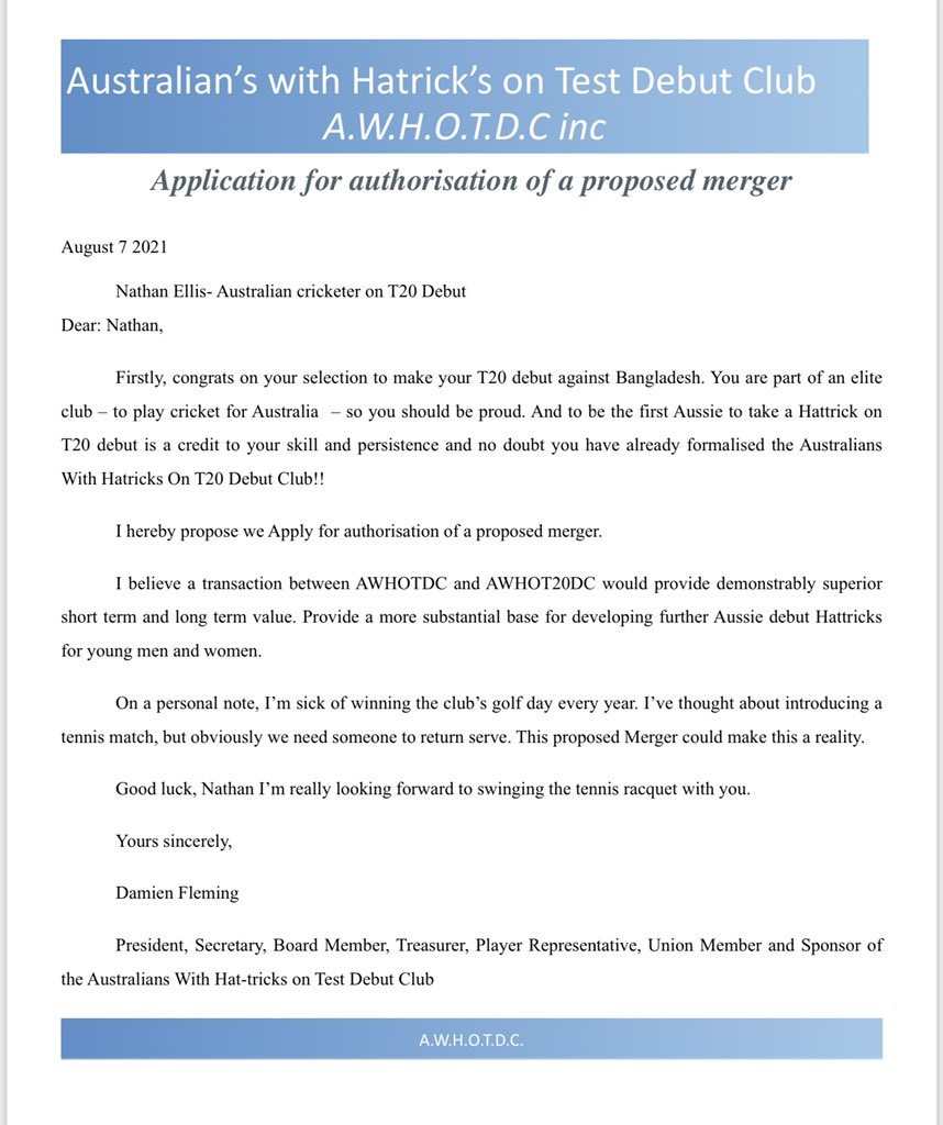 Attention- Statement from the AWHOTDC in regards to the magnificent T20 Hattrick on debut by Aussie paceman Nathan Ellis 👏👏👏