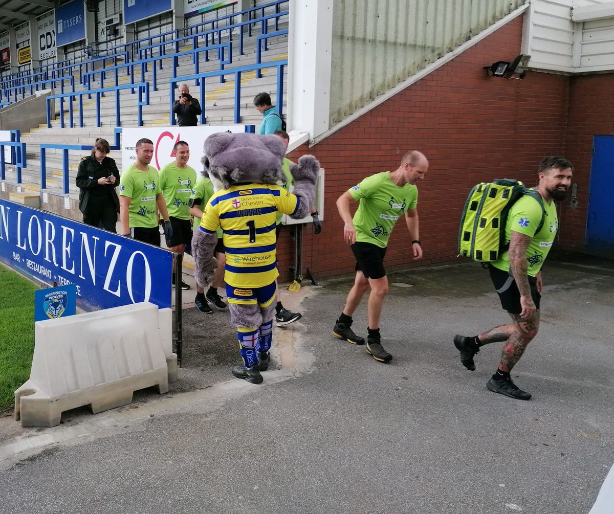 NWAmbulance's tweet photo. 👏Congrats to these crewmates for completing a 13.5-mile stretcher run around Warrington. 
🛣️ Through Woolston Park, Birchwood Forest Park, Orford Park and also a lap of Warrington Wolves, Halliwell Jones Stadium.
💸 £4.5k raised for the charity Mind.
👍Great Effort! https://t.co/fPqBjGwvEj