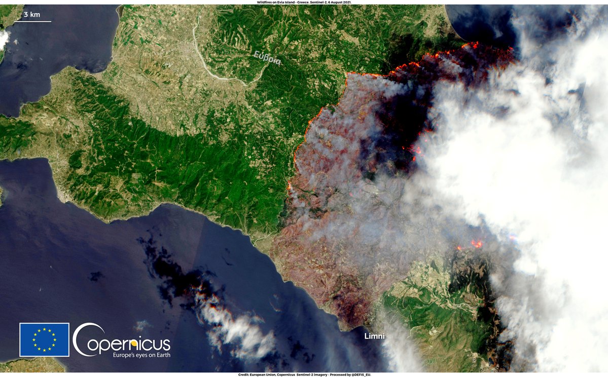 #ImageOfTheDay 2/3

Violent #wildfires are ravaging Greece, triggered by strong winds &amp; record temperatures

Thousands of firefighters are involved in the containment activities

⬇️<a href="/CopernicusEU/">Copernicus EU</a> #Sentinel2 image of the 🔥ongoing on Evia Island acquired on 6 August at 9:30UTC