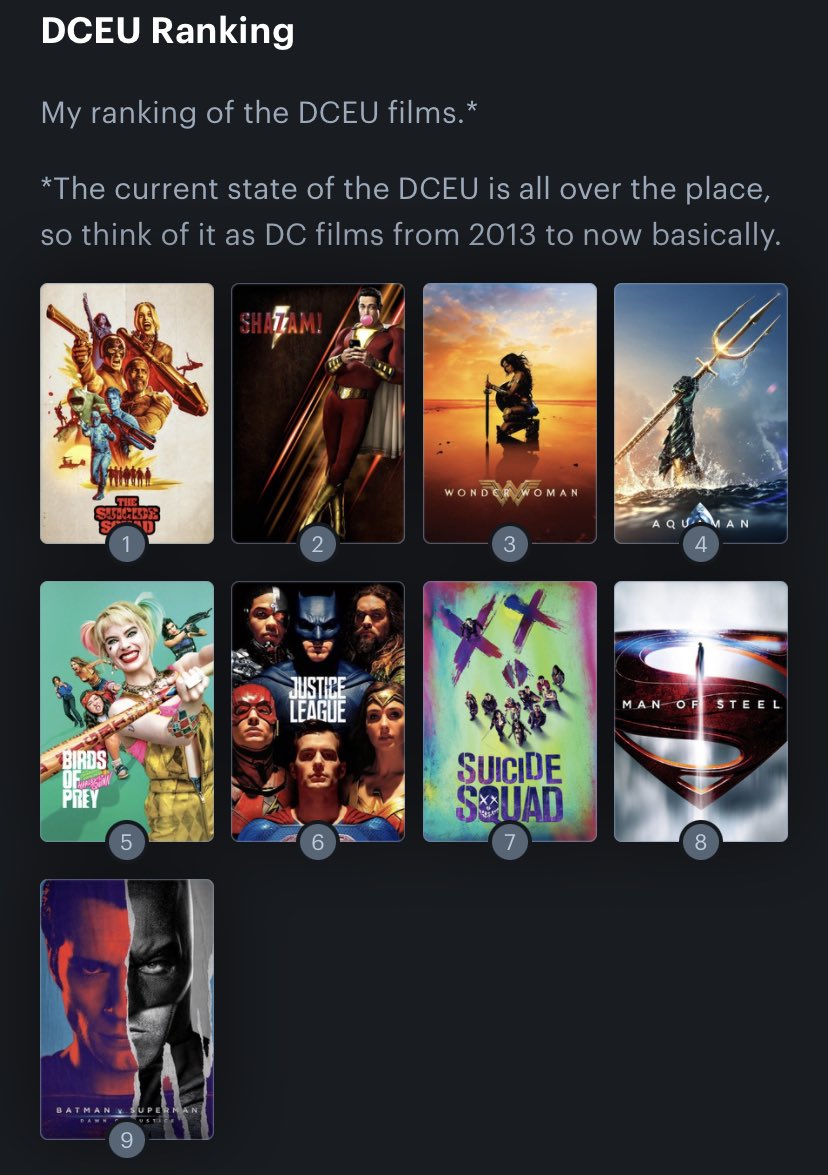 My current DCEU ranking.

I haven’t seen Wonder Woman 1984 or Justice League 2.0 yet, still need to get around to them.

#TheSuicideSquad https://t.co/C10UJIZB6R