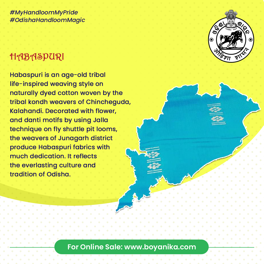 Textiles_Odisha's tweet photo. This fabric portrays rich heritage &amp; speaks tribal tales. It has got GI tag. Avail Spl. Govt. rebate from Aug 7th-15th @ all #Boyanika Show Rooms &amp; PWCS on the occasion of State Level #NationalHandloomDay.
https://t.co/c9730LlSuN
#MyHandloomMyPride #OdishaHandloomMagic #Habaspuri https://t.co/bLmvsLA1NM