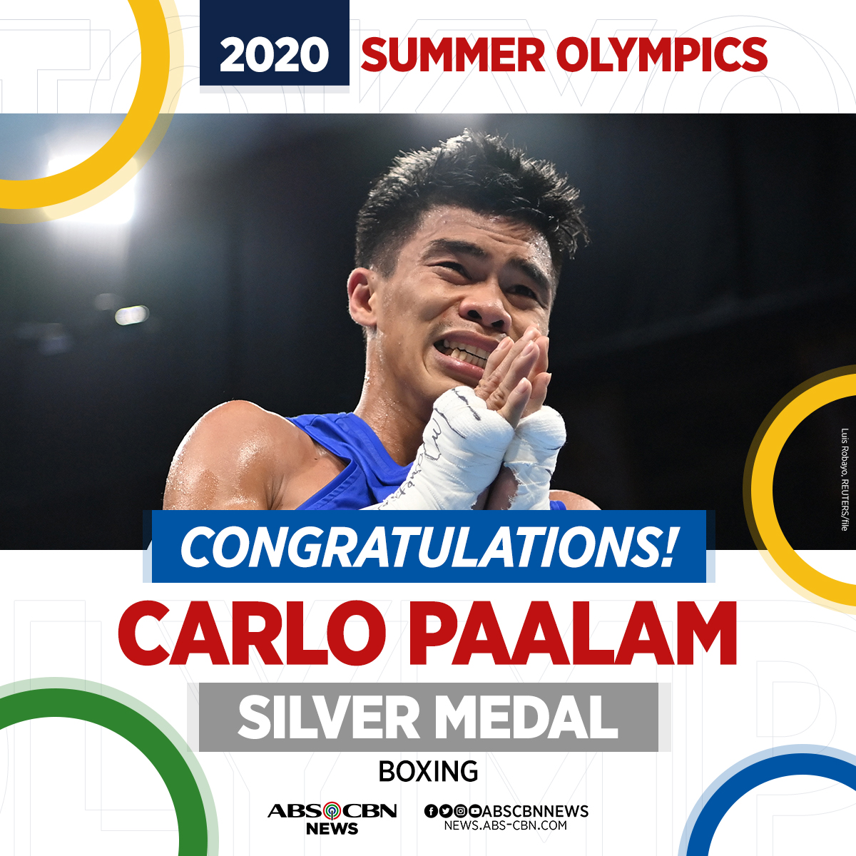 ABSCBNNews's tweet image. CARLO PAALAM SAYS HELLO TO OLYMPIC SILVER MEDAL 🥈! #PHI Carlo Paalam bids good bye to #Tokyo2020 journey on a high note, claiming the silver medal in the #Olympics men's flyweight finals

Salamat sa laban! 🥊
#GalingNatin

For more #Olympics stories visit bit.ly/3zjJW1d