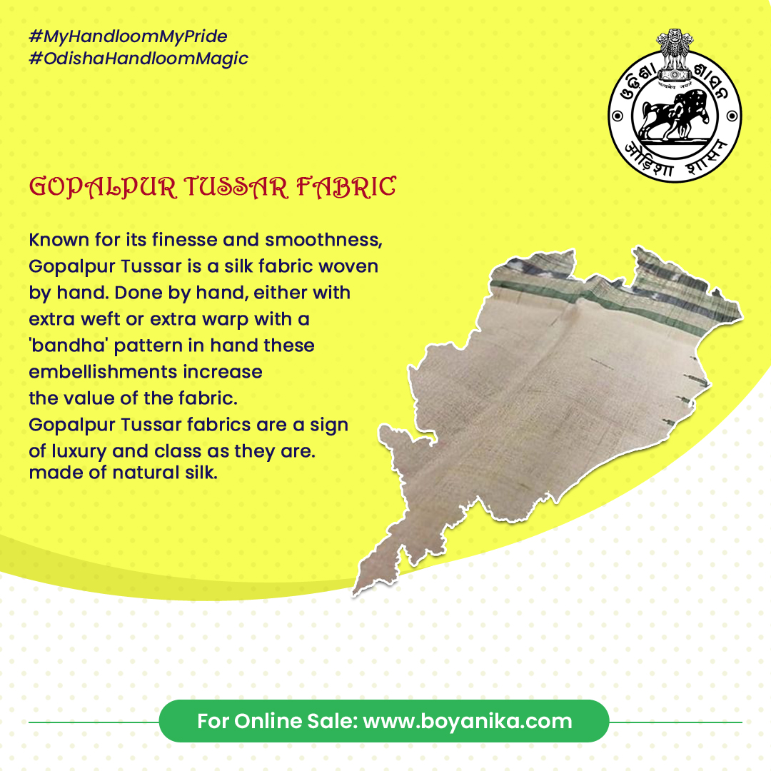 Textiles_Odisha's tweet photo. #GopalpurTussar Fabric depicts posh and class and has  got GI Tag in 2009.  Avail Spl. Govt. rebate from Aug 7th-15th at all #Boyanika Show Rooms &amp; PWCS on the occasion of State Level National Handloom Day.

https://t.co/c9730LlSuN

#MyHandloomMyPride #OdishaHandloomMagic https://t.co/tfai7yXsUm