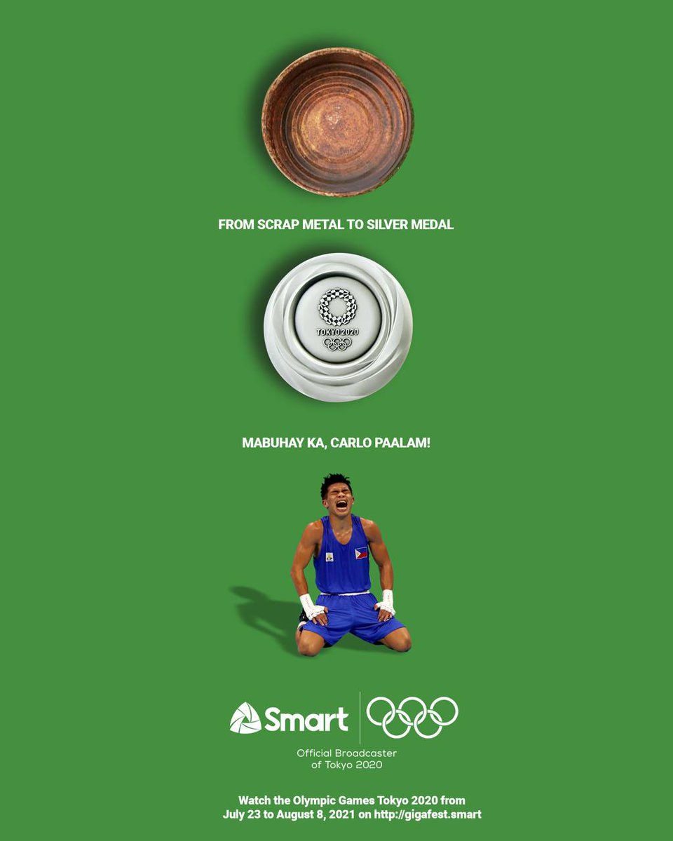 LiveSmart's tweet photo. Lakas at puso ng Pinoy, ipinakita mo sa mundo 🇵🇭

Congratulations Carlo Paalam for winning the silver medal 🥈 in Men's Flyweight Boxing at the #OlympicGames! Proud kami sa'yo! 

#SeeUsStronger #SmartOlympics https://t.co/F61b9zBRlI