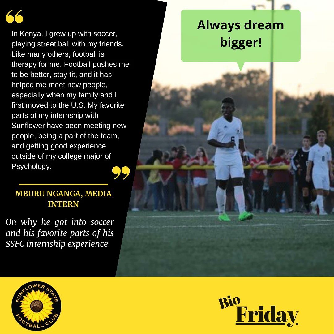 SunflowerStFC's tweet photo. YEAH!... NO REALLY! BIO FRIDAY IS BACK!! Mburu Nganga, media intern, is here and he's here to achieve dreams! Check out his story on IG and FB!!🔥⚽ #KansasSoccer #SunflowerSoccer #workbettertogether #flowerpower #precisionmatters #SmileOP #BioFriday https://t.co/Ymrwyv9lb5