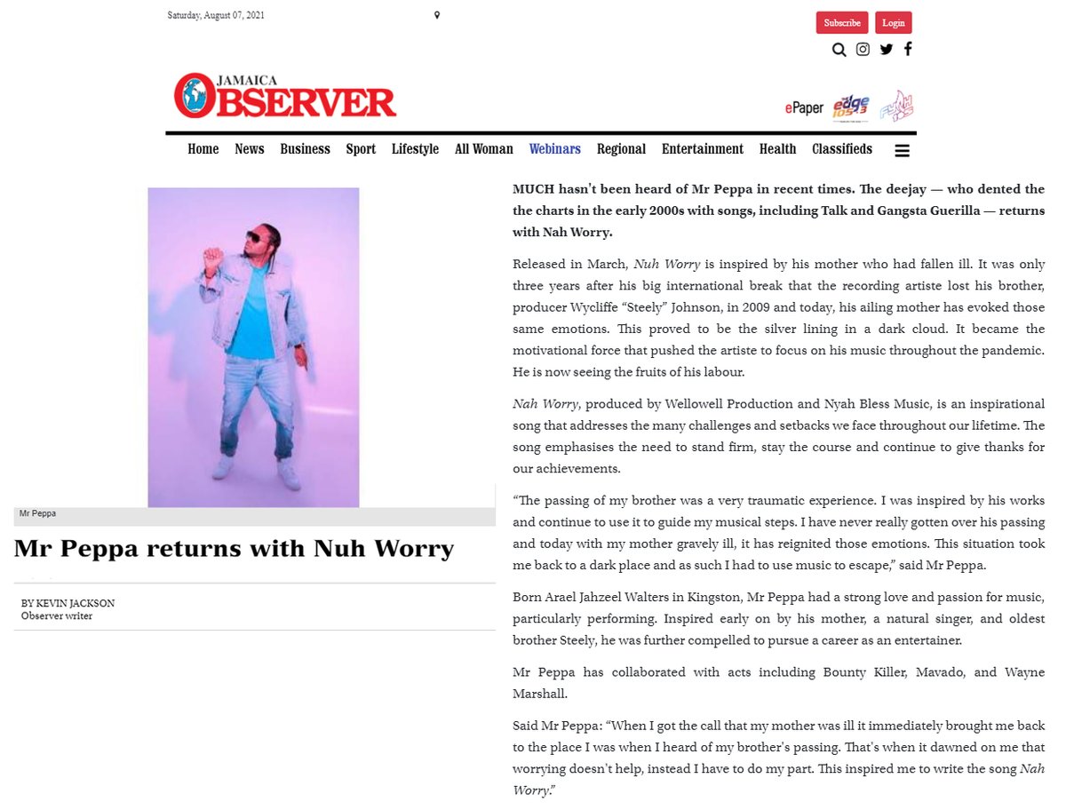 Mr Peppa returns with Nuh Worry
jamaicaobserver.com/splash/mr-pepp…

(<a href="/RealMrPeppa/">Peppa Walters #PEPPADEM ep out now!</a> <a href="/nyahblessmusic/">Nyah Bless</a> <a href="/JamaicaObserver/">Jamaica Observer</a>)
