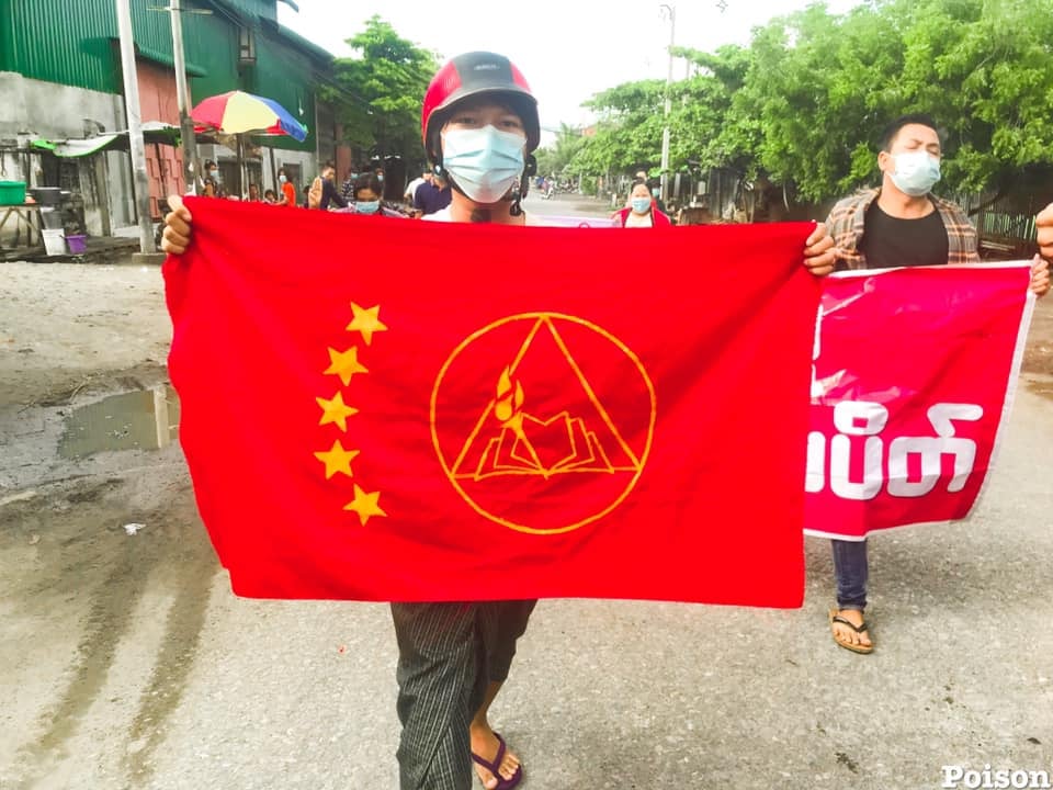 IrrawaddyNews's tweet photo. An anti-regime protest took place in Mandalay on Saturday morning. 

(Photo: CJ) 
#WhatsHappeningInMyanmar https://t.co/YZC592qNZY