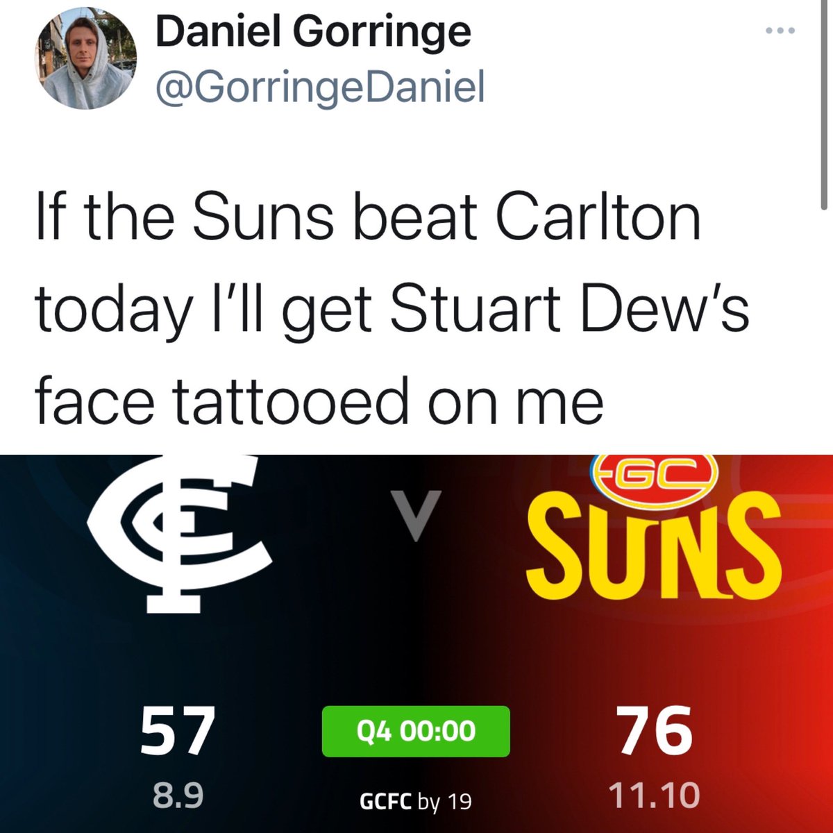 So impressive of <a href="/GorringeDaniel/">Dan Gorringe</a> to put his body on the line to inspire his original club <a href="/GoldCoastSUNS/">Gold Coast Suns</a> 🤣🤣🤣#AflBluesSuns