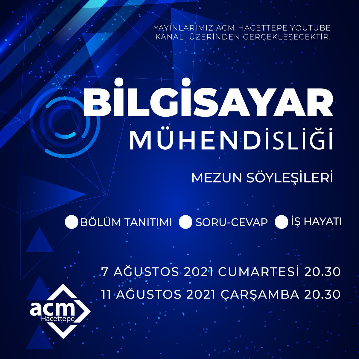 ACM Hacettepe olarak tercih döneminde sizlere yardımcı olabilmek adına, Bilgisayar Mühendisliği mezunlarımızla birlikte düzenlediğimiz canlı yayınlarımıza hepinizi bekliyoruz! 💜
Yayın esnasında sorularınızı bize chat kısmından sorabilirsiniz.
youtube.com/c/ACMHACETTEPE