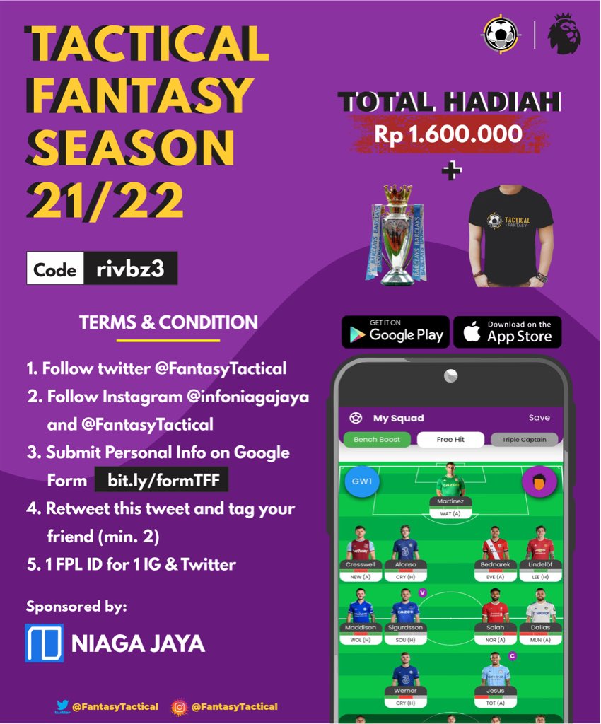 FantasyTactical's tweet photo. Tactical Fantasy FPL Season 3 is back, let's join the TFF league and enjoy the excitement of competition with managers from all over Indonesia

price poll :
🥇IDR 1000k + Merchandise
🥈IDR 400k + Merchandise
🥉IDR 200k + Merchandise

Terms and conditions see on picture https://t.co/FieNuOJrgY